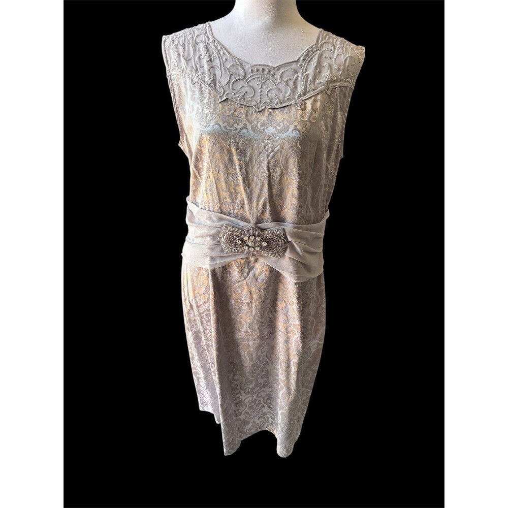 Silver Gray Jacquard Brocade Cocktail Sheath With Beaded Waist Embellishment L